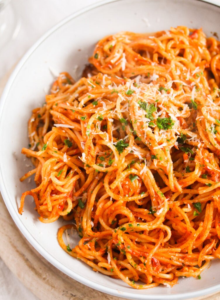 bowl of tomato pasta close up.