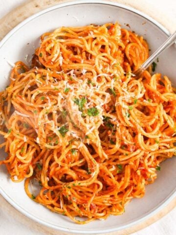 fried spaghetti with tomato sauce in a small bowl.
