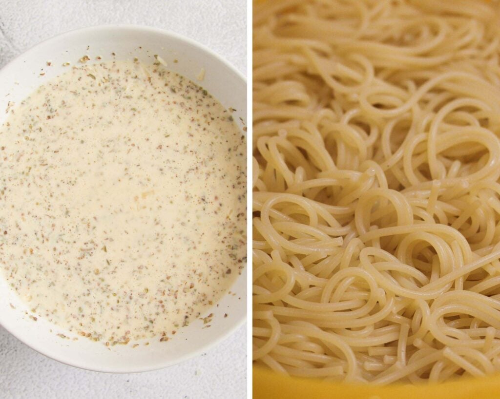 a bowl with heavy cream sauce and spaghetti in a sieve.