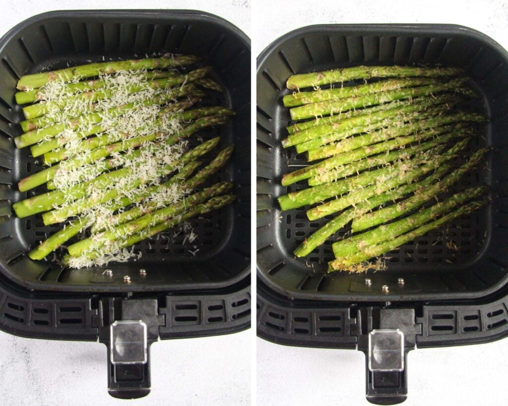 collage of two pictures of asparagus stalks in the basket of an air fryer before and after cooking.