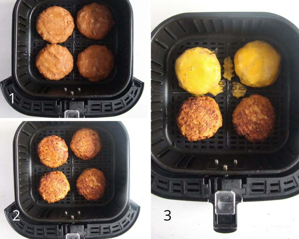 collage of three pictures of making turkey burgers in an air fryer. uncooked, cooked and topped with melting cheddar.
