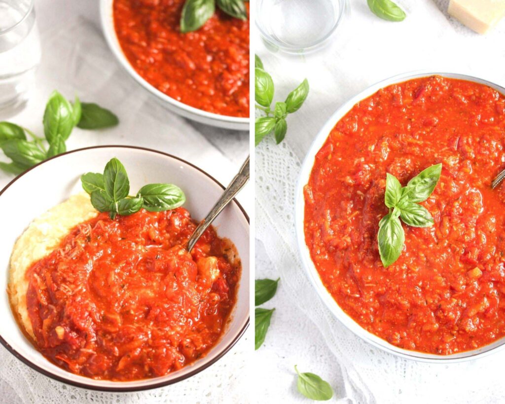 collage of two pictures of tomato sauce and polenta with sauce.