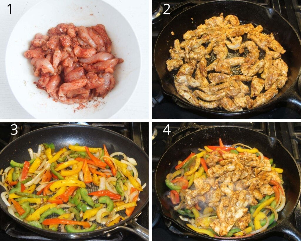 collage of four pictures of chicken breast in a bowl, cooked in a skillet, adding peppers.