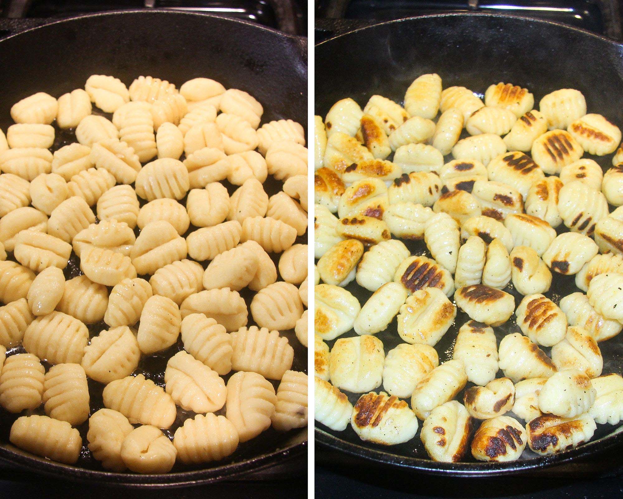 collage of two pictures of frying gnocchi in a pan.