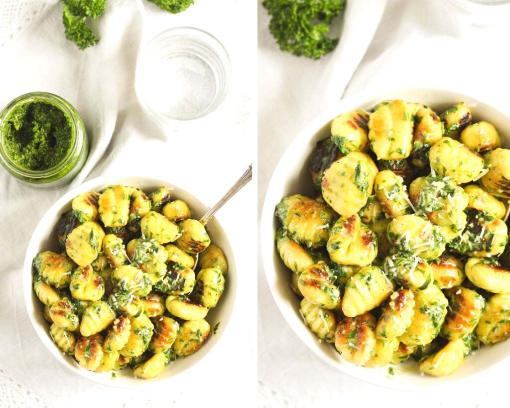 collage of two pictures of a bowl of potato dumplings with a jar of pesto and a glass of water beside it.