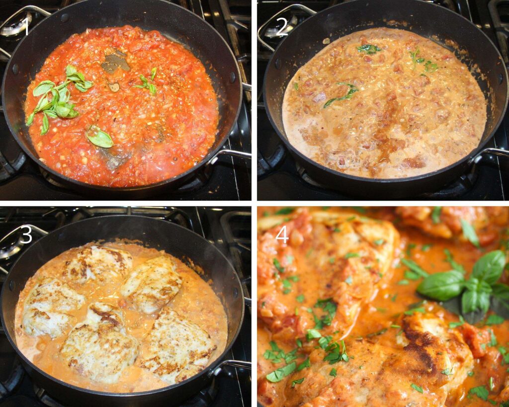 collage of four pictures of cooking the sauce for chicken pomodoro.