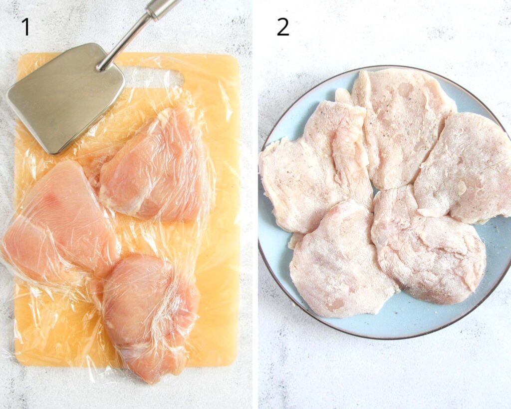 collage of two pictures of pounding chicken breast with a mallet and them flouring them.