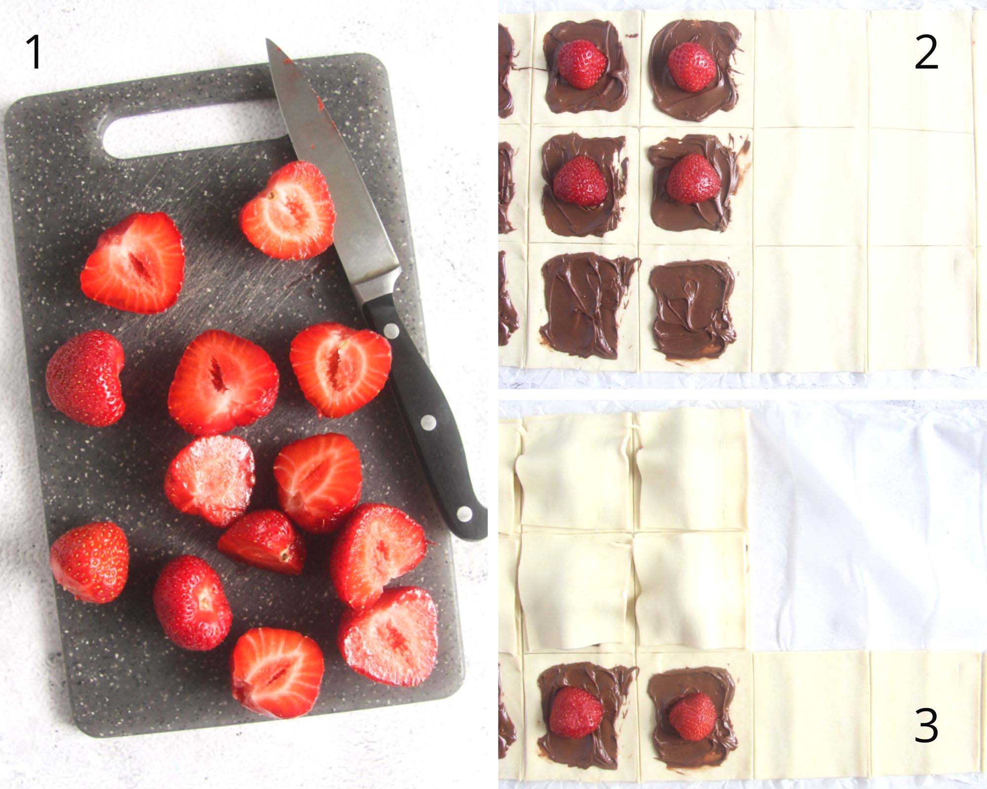 collage of two images of halved strawberries and filling puff pastry with nutella and berries.