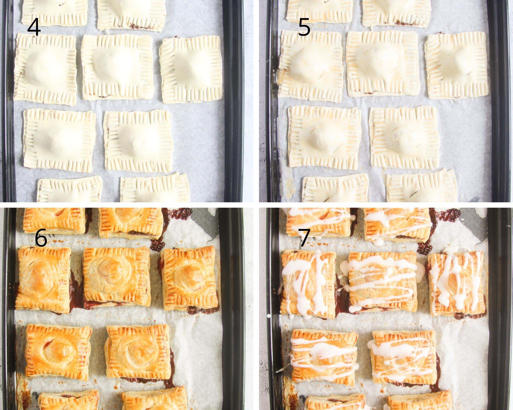 collage of four pictures showing turnovers on a tray before and after baking and glazing.
