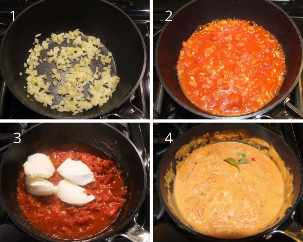 collage of four pictures of making tomato sauce with mascarpone in a black skillet.