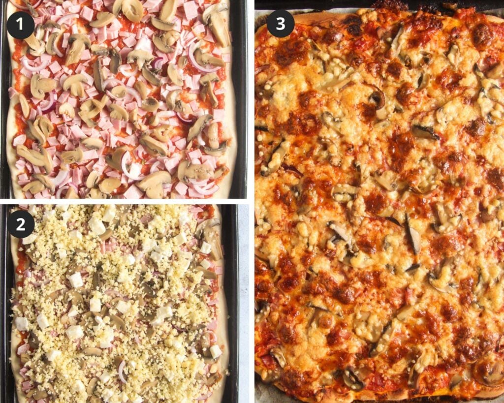 collage of three pictures of topping and baking pizza with ham.