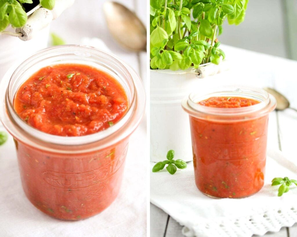 collage of two pictures of a jar of napoli tomato sauce for pizza with basil behind.