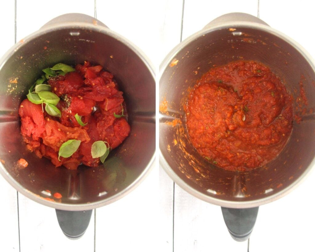collage of two pictures of making pizza sauce in a thermomix.