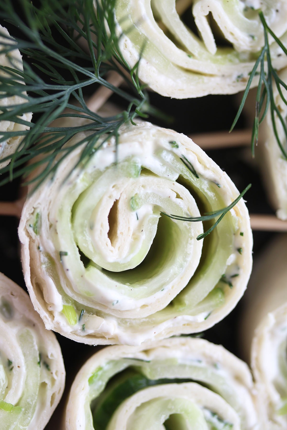 close up of one cucumber wrap sandwich with dill and cream cheese.