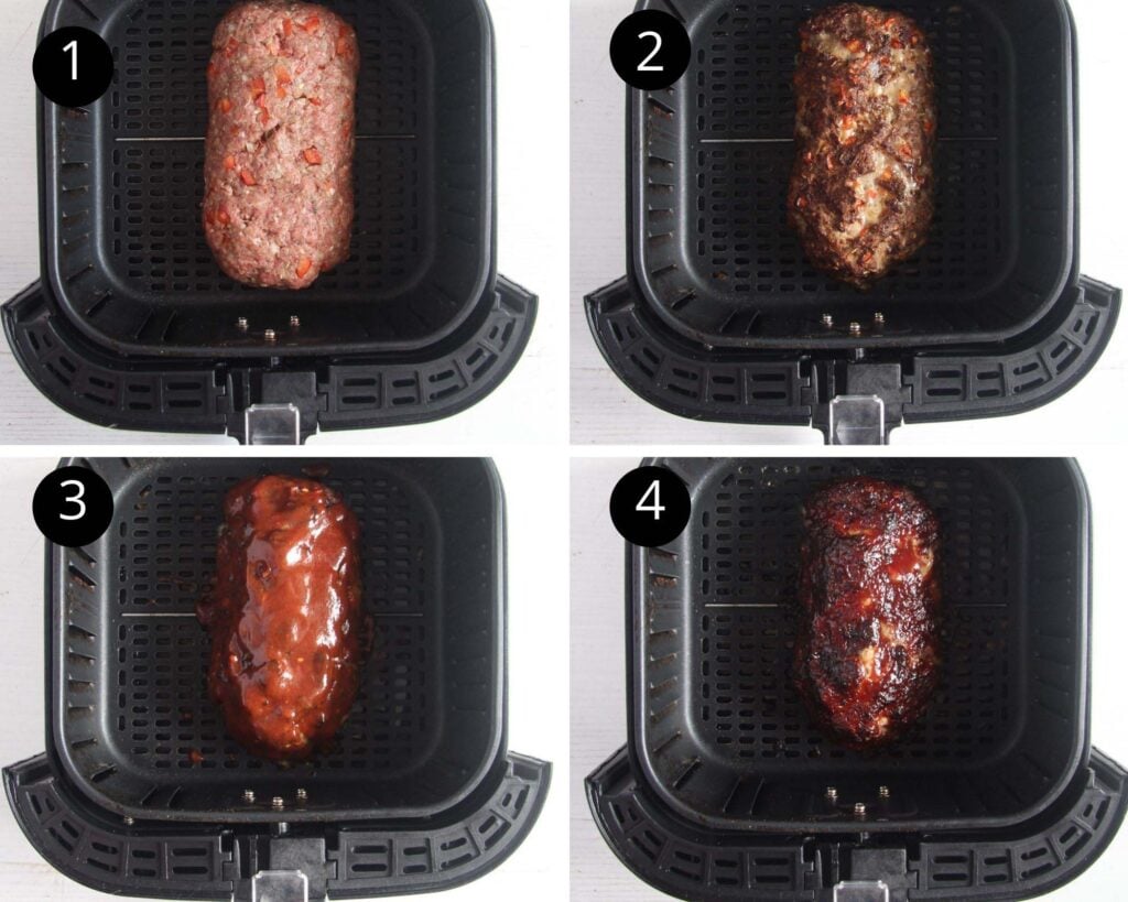 collage of four pictures of a meat loaf cooked in an air fryer.