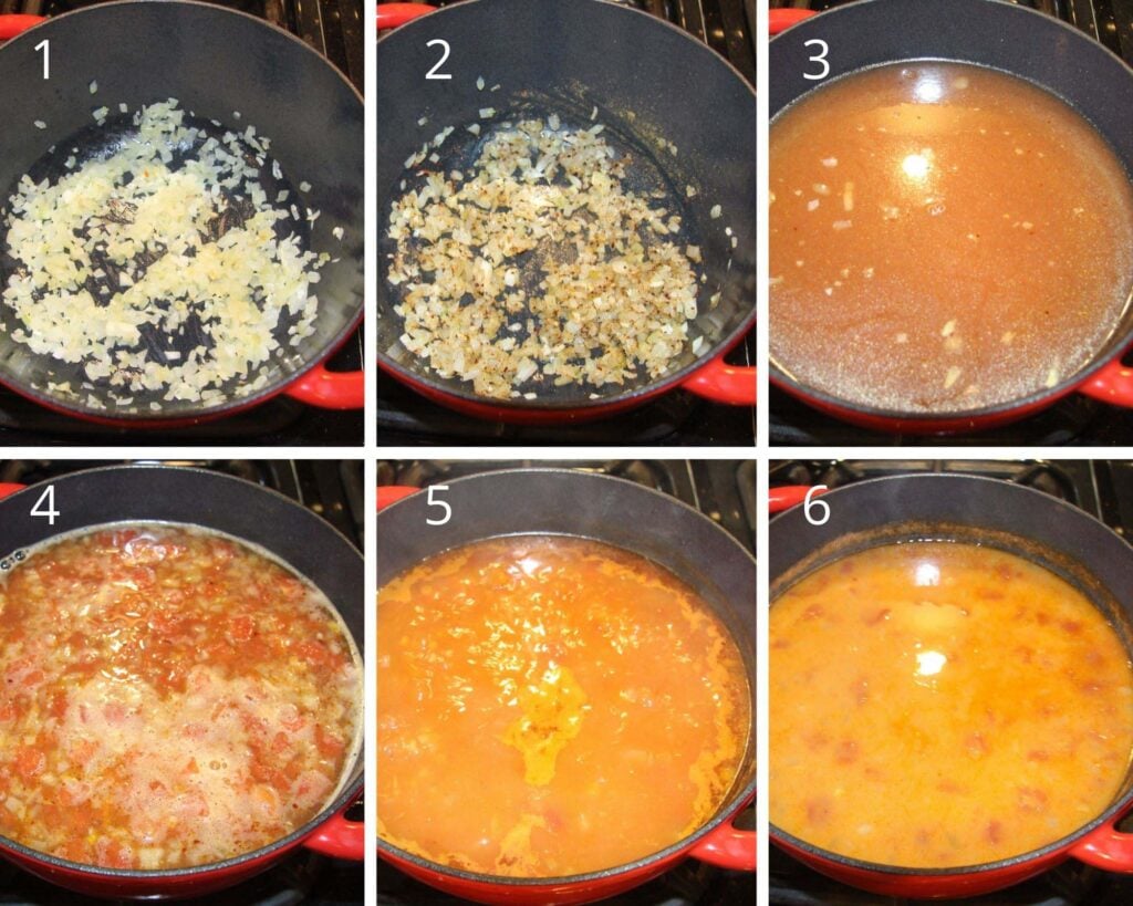 collage of six pictures of frying onions and spices, adding tomatoes, stock and pulses for making soup.