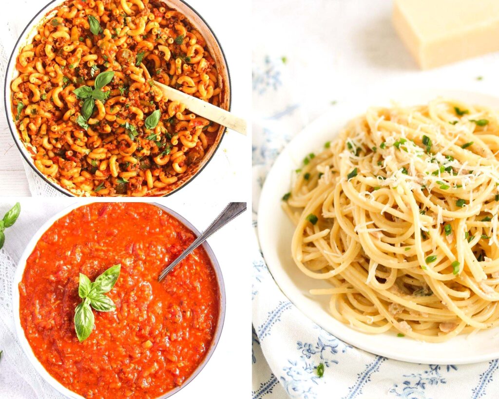 collage of three pictures of american chop suey, marinara sauce and tuna spaghetti.