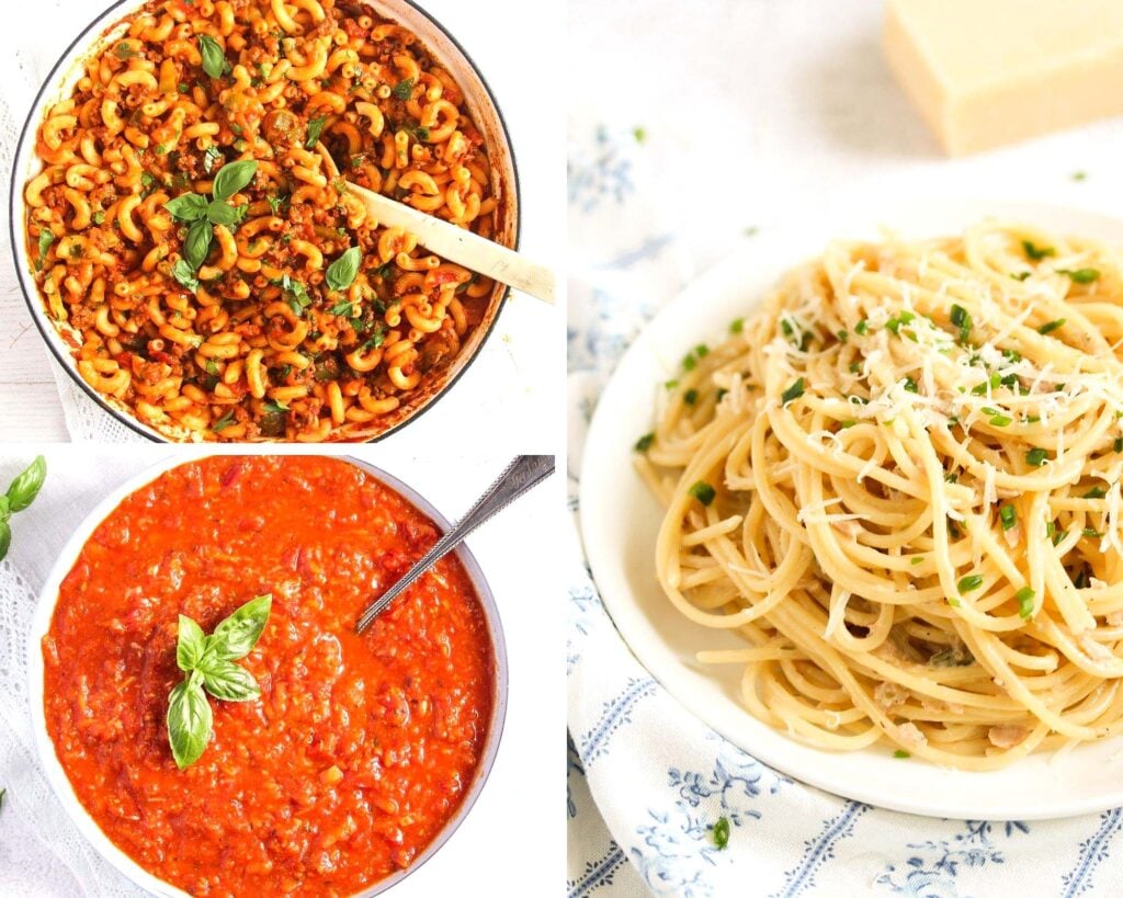 collage of three pictures of american chop suey, marinara sauce and tuna spaghetti.