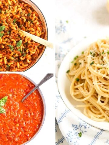 collage of three pictures of american chop suey, marinara sauce and tuna spaghetti.