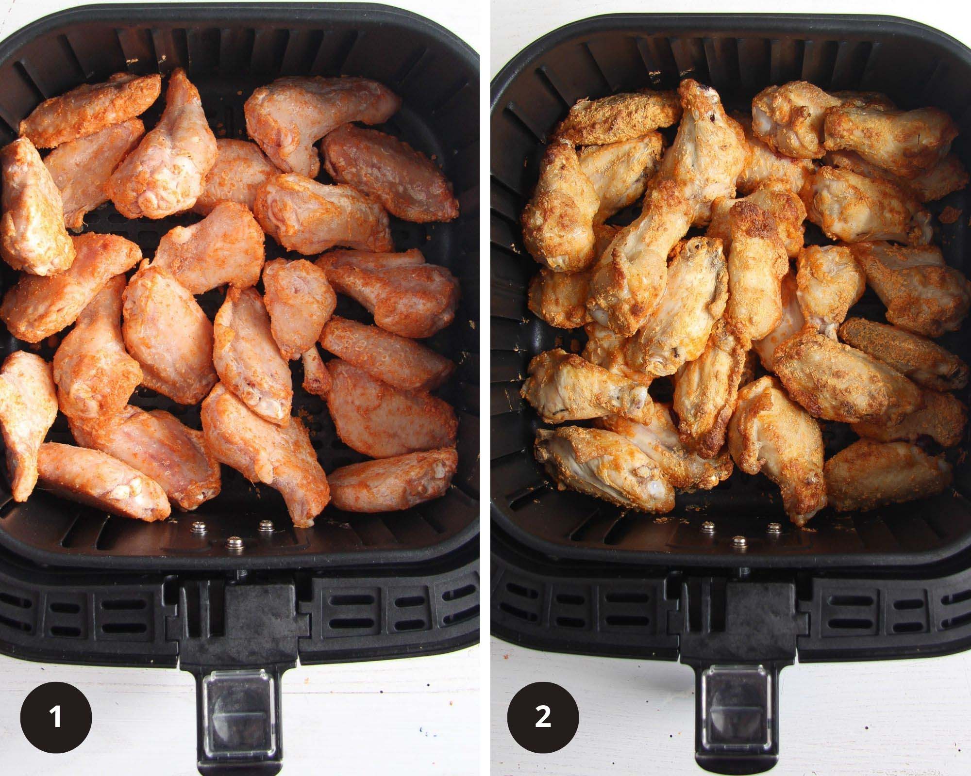 two pictures of raw and half-cooked wings in an air fryer.