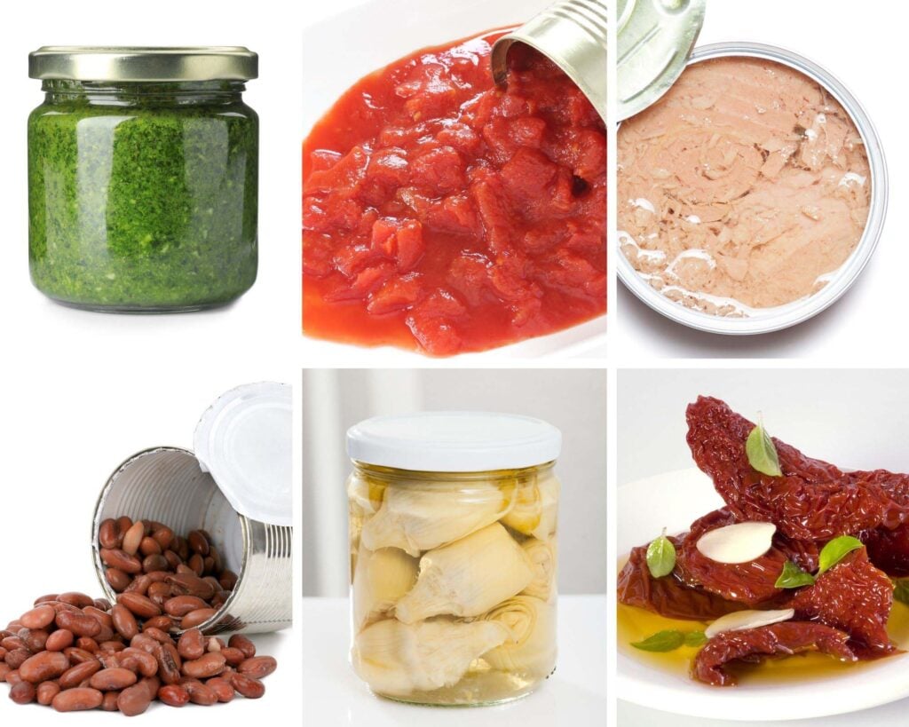 collage of six pictures of pesto, canned tomatoes, canned tuna and beans, artichokes in a jar, dried tomatoes.