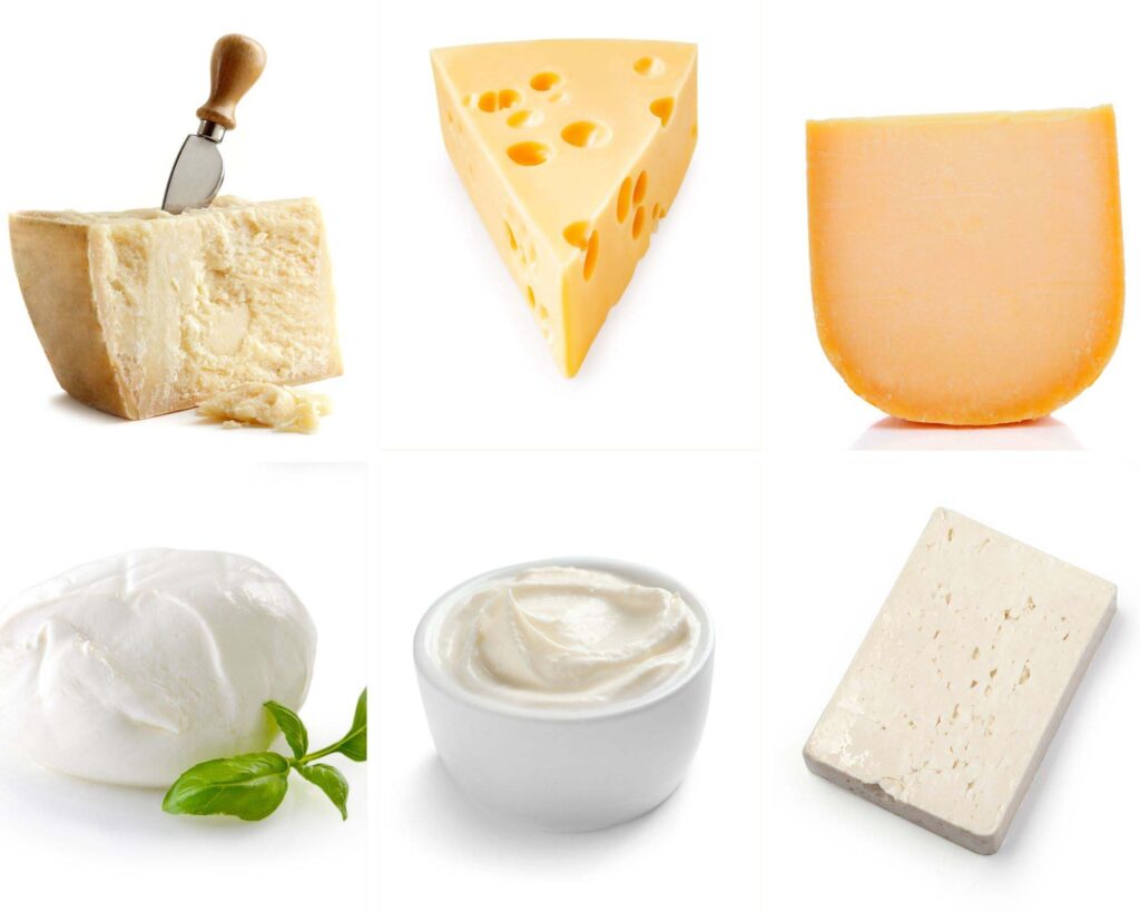 six sorts of cheese on a white background: parmesan, cheddar, gouda, mozzarella, cream cheese, feta.