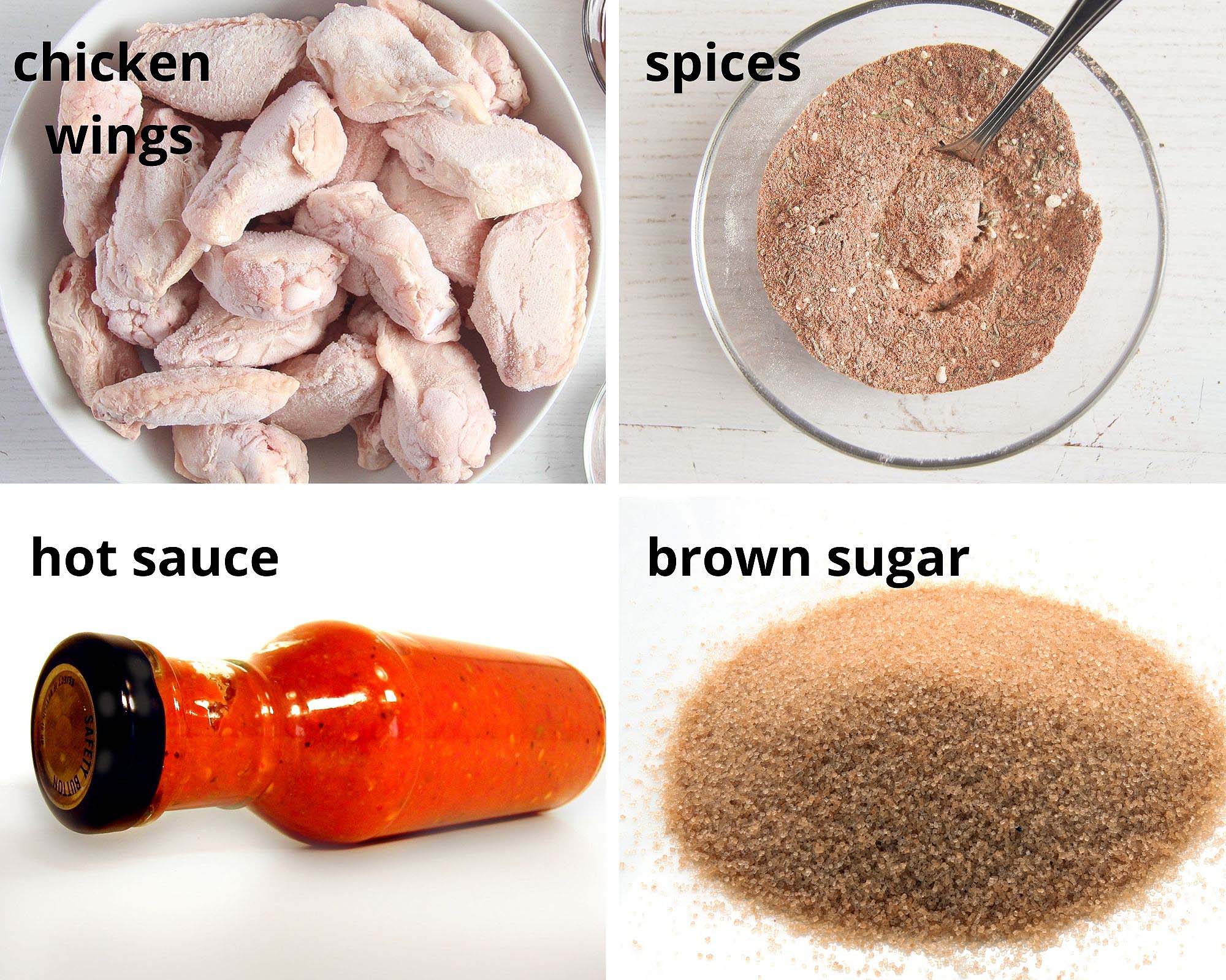 collage of four pictures of frozen wings, spices, bottle of hot sauce and brown sugar.