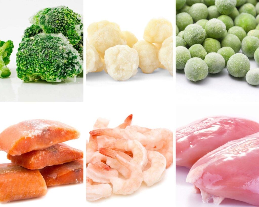 collage of six pictures of frozen broccoli, cauliflower, peas, salmon, shrimps, chicken breast. 