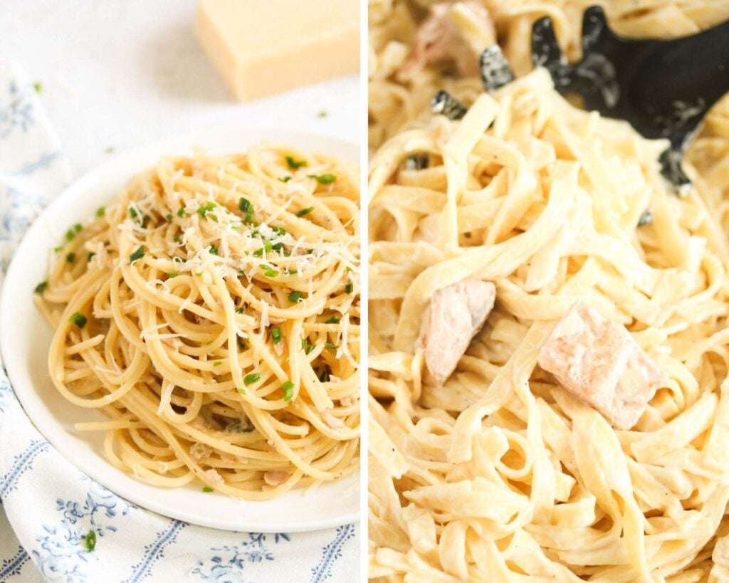 collage of two pictures of tuna spaghetti and salmon pasta.