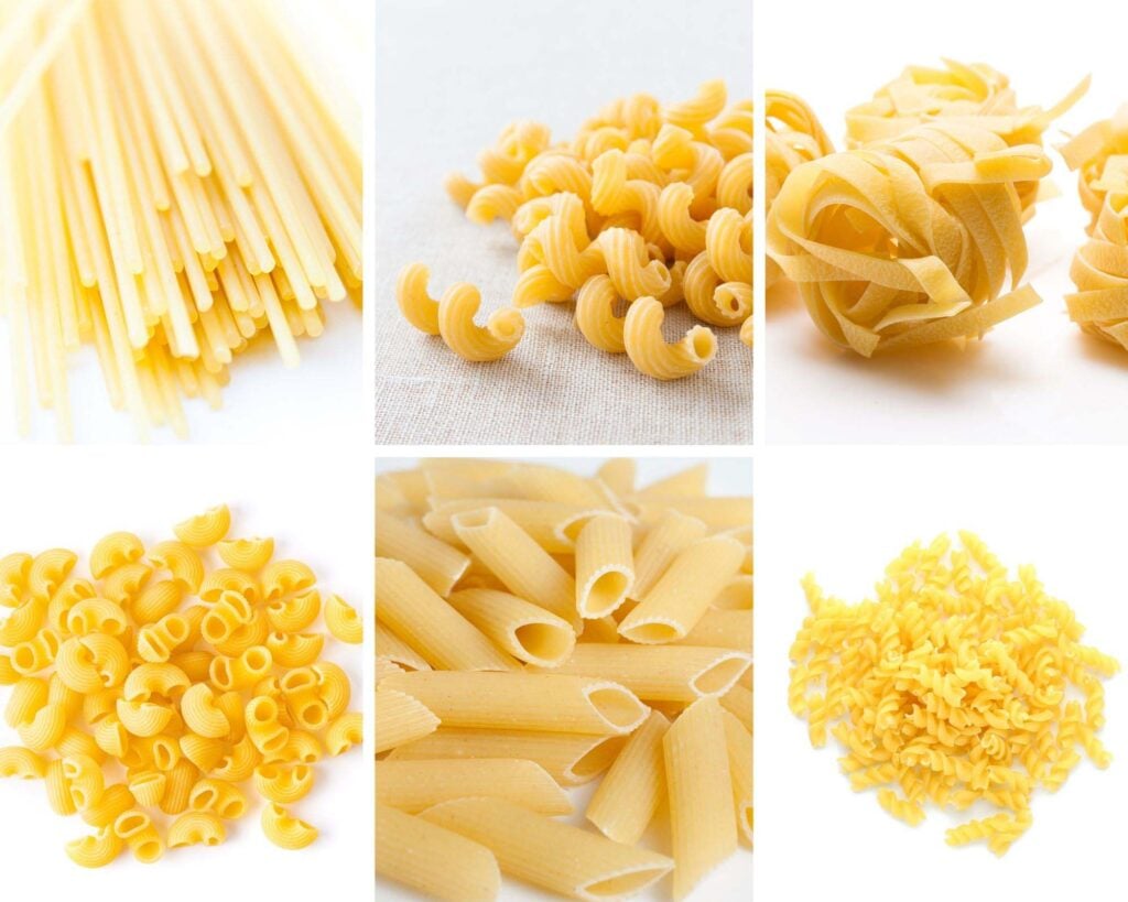 collage of six pictures of different pasta shapes.