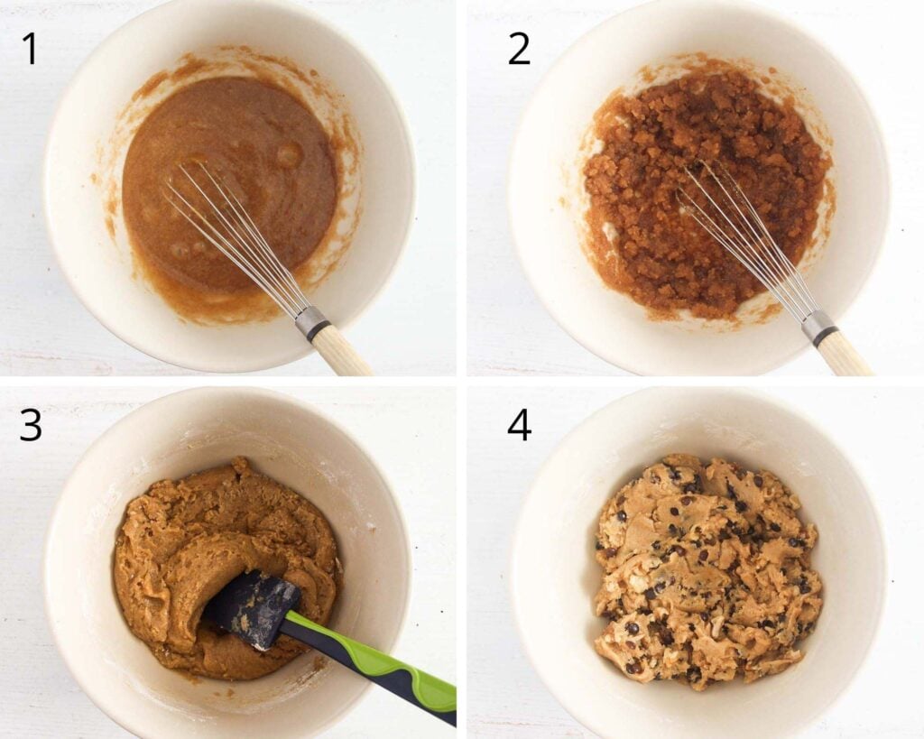 collage of four pictures of making batter in a bowl.
