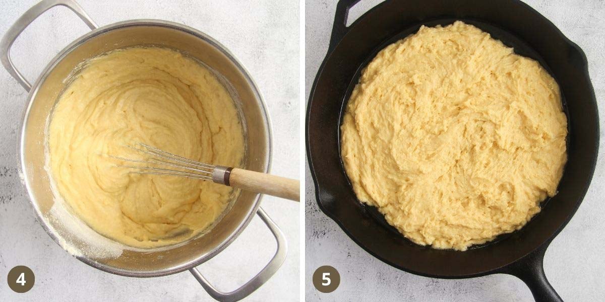 collage of two pictures of making batter and pouring it into a skillet.