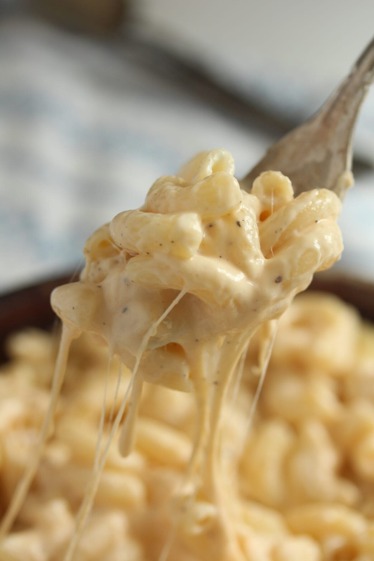 close up of fork lifting strechy cheese noodles from a bowl.