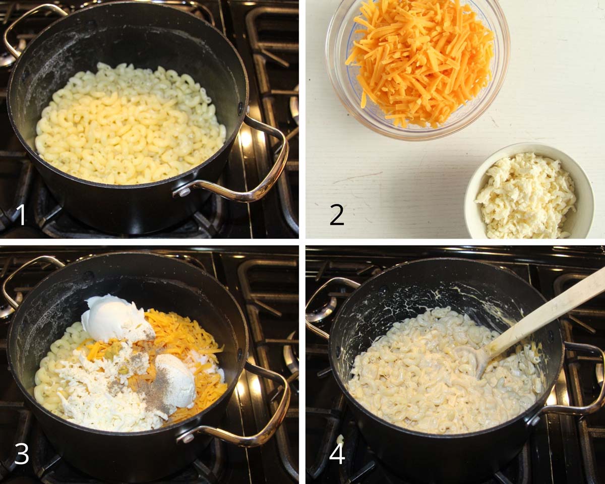 collage of four pictures of grated cheese and making cheese sauce for macaroni.