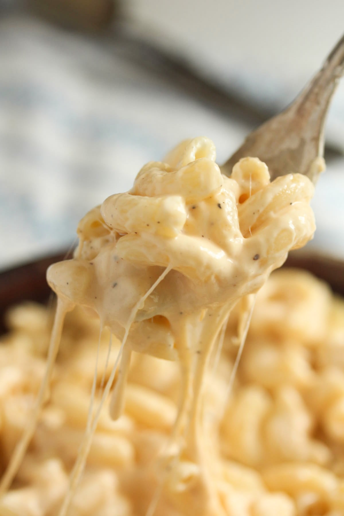 super creamy and strechy mac and cheese without milk on a fork.
