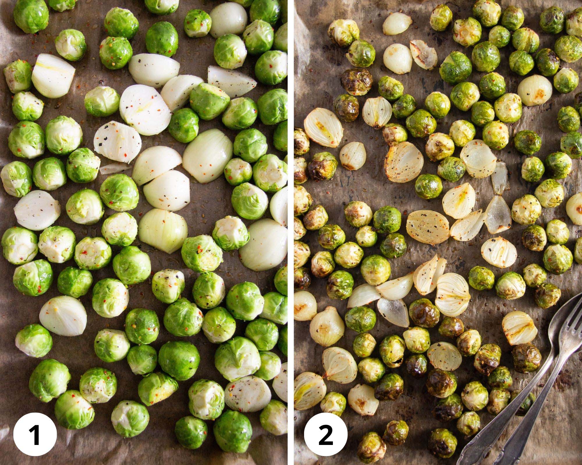 collage of two pictures of uncooked and roasted brussels sprouts on a baking sheet.