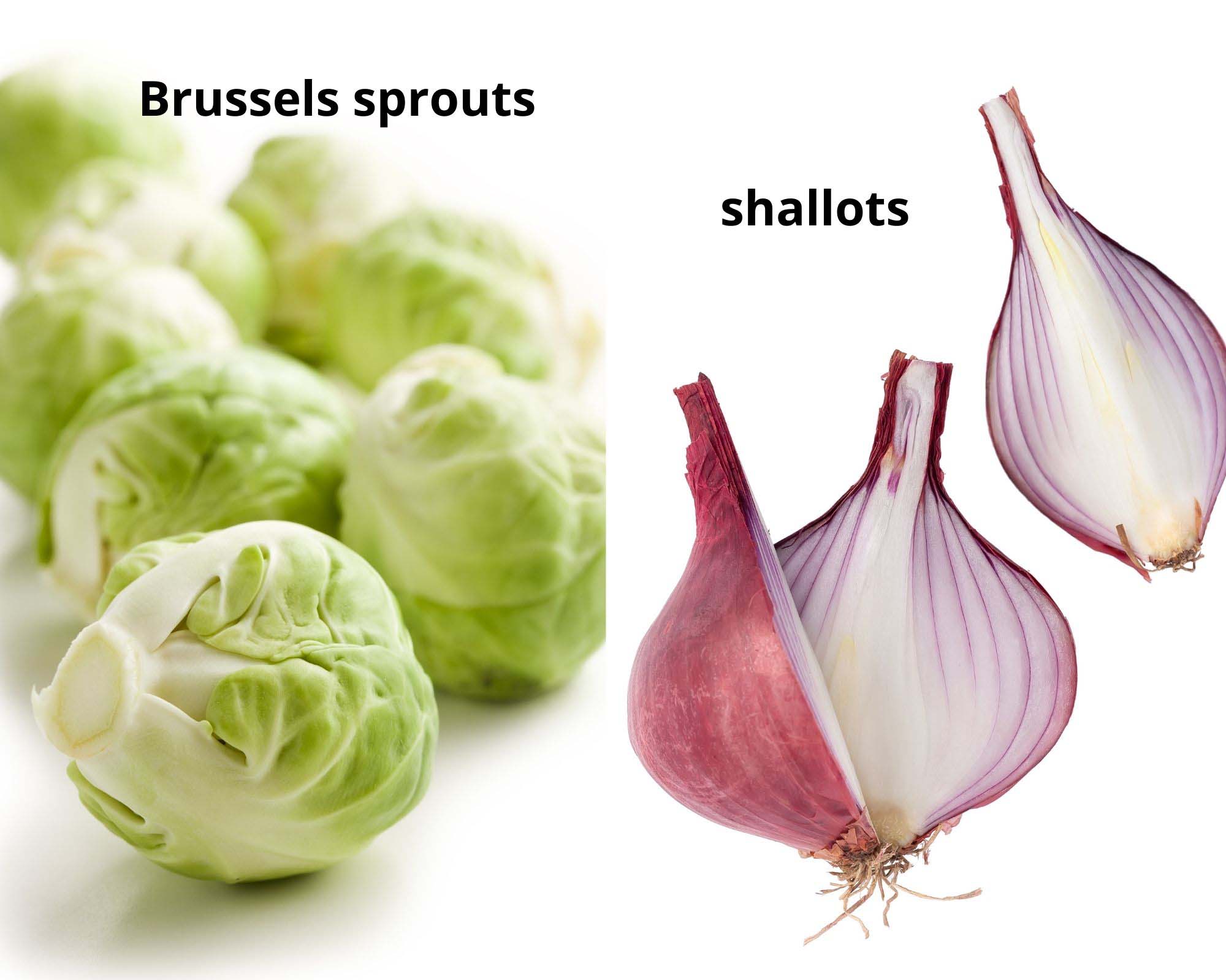 collage of two pictures of uncooked brussels sprouts and shallots.