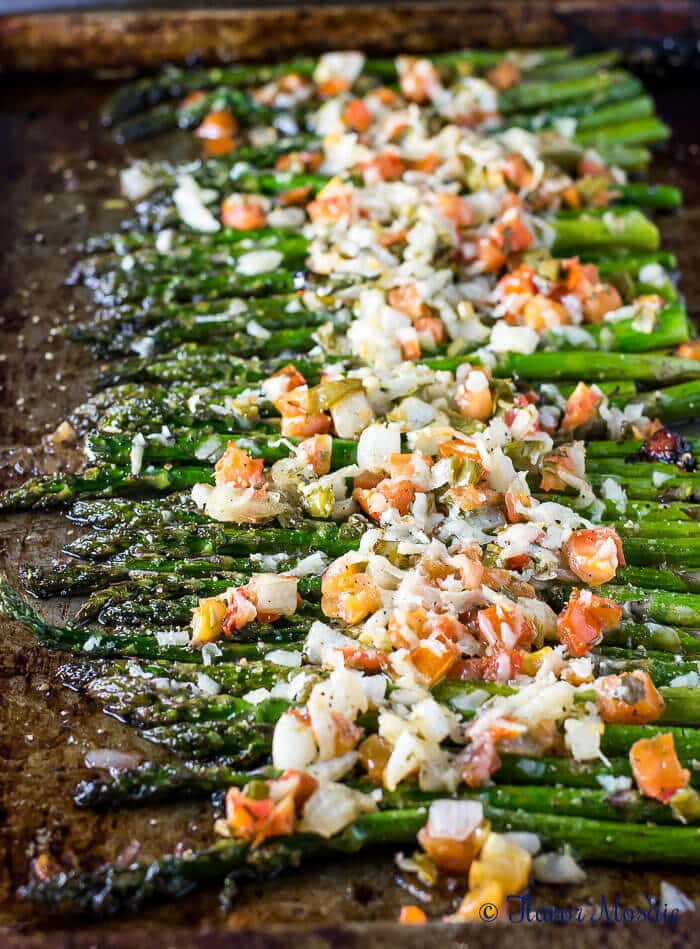 green asparagus topped with crunchy breadcrumbs.