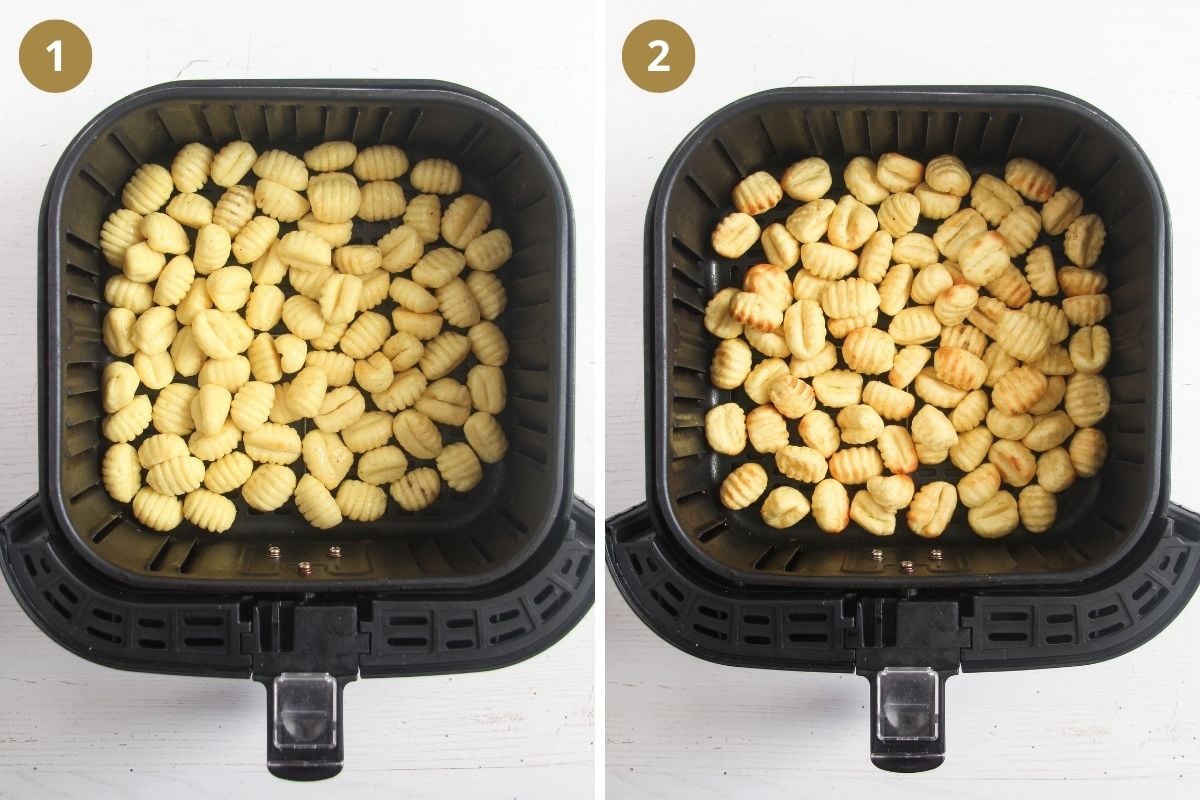 collage of two pictures of gnocchi in the air fryer basket.