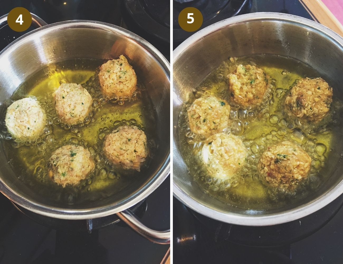 collage of two pictures of frying falafel in a pot.
