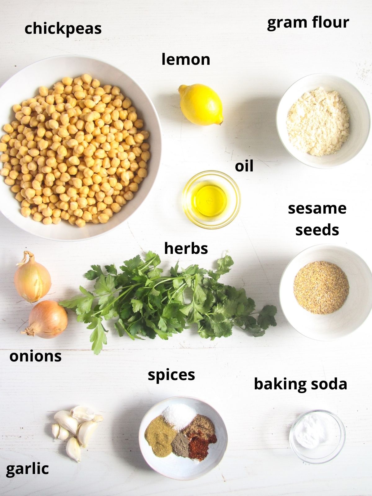 listed ingredients for making falafel on the table.