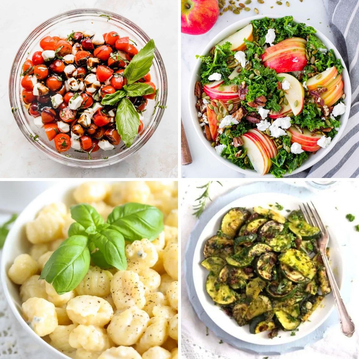 collage of four pictures of gnocchi and salads.