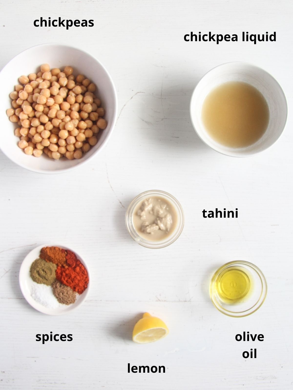 listed ingredients for making hummus on the table.