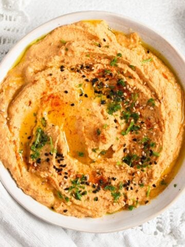 hummus without garlic in a small bowl.