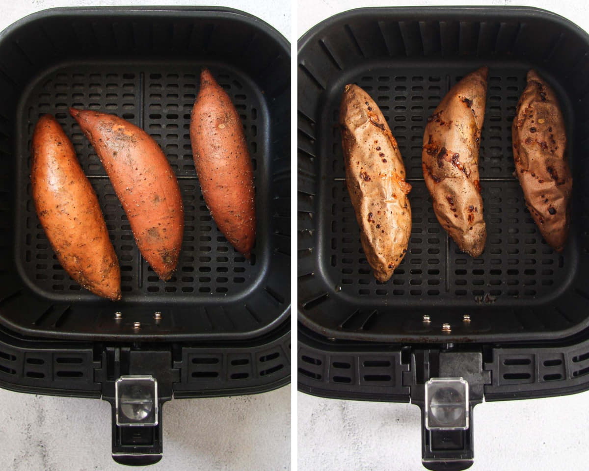 collage of two pictures of roasting sweet potatoes in the air fryer.