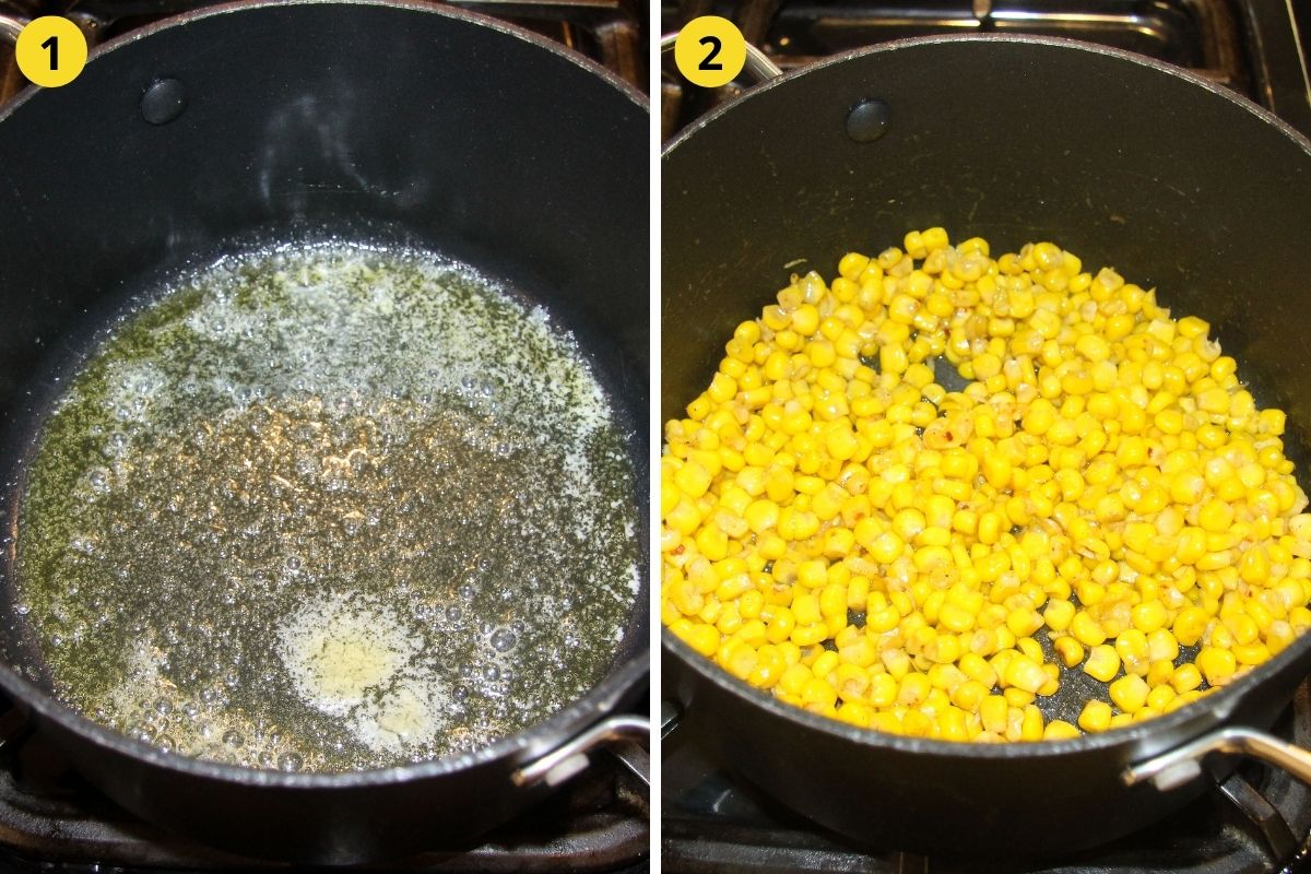 two pictures showing how to cook canned corn.