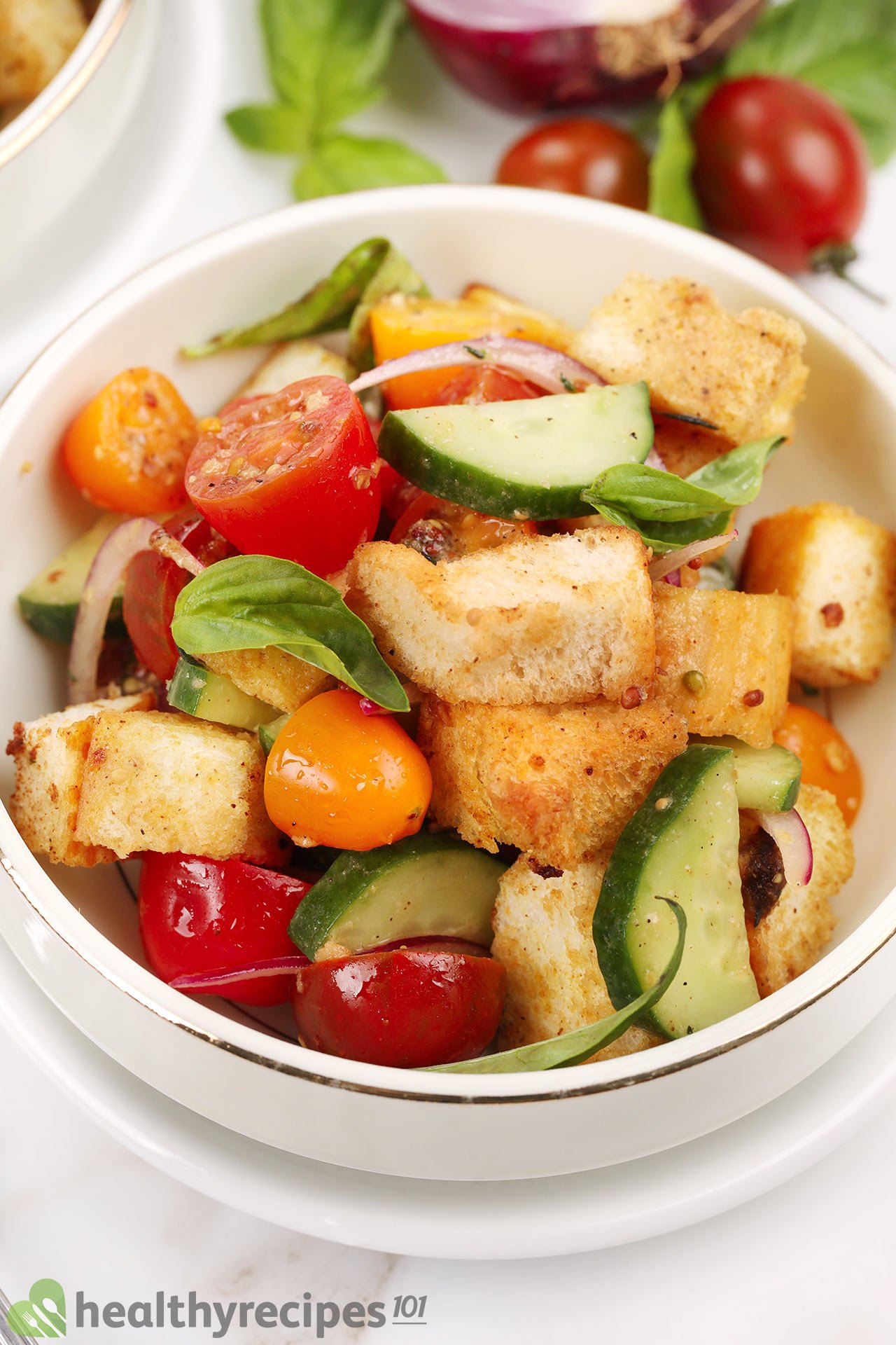 close up bowl of panzanella salad with bread, tomatoes, cucumbers and onions.