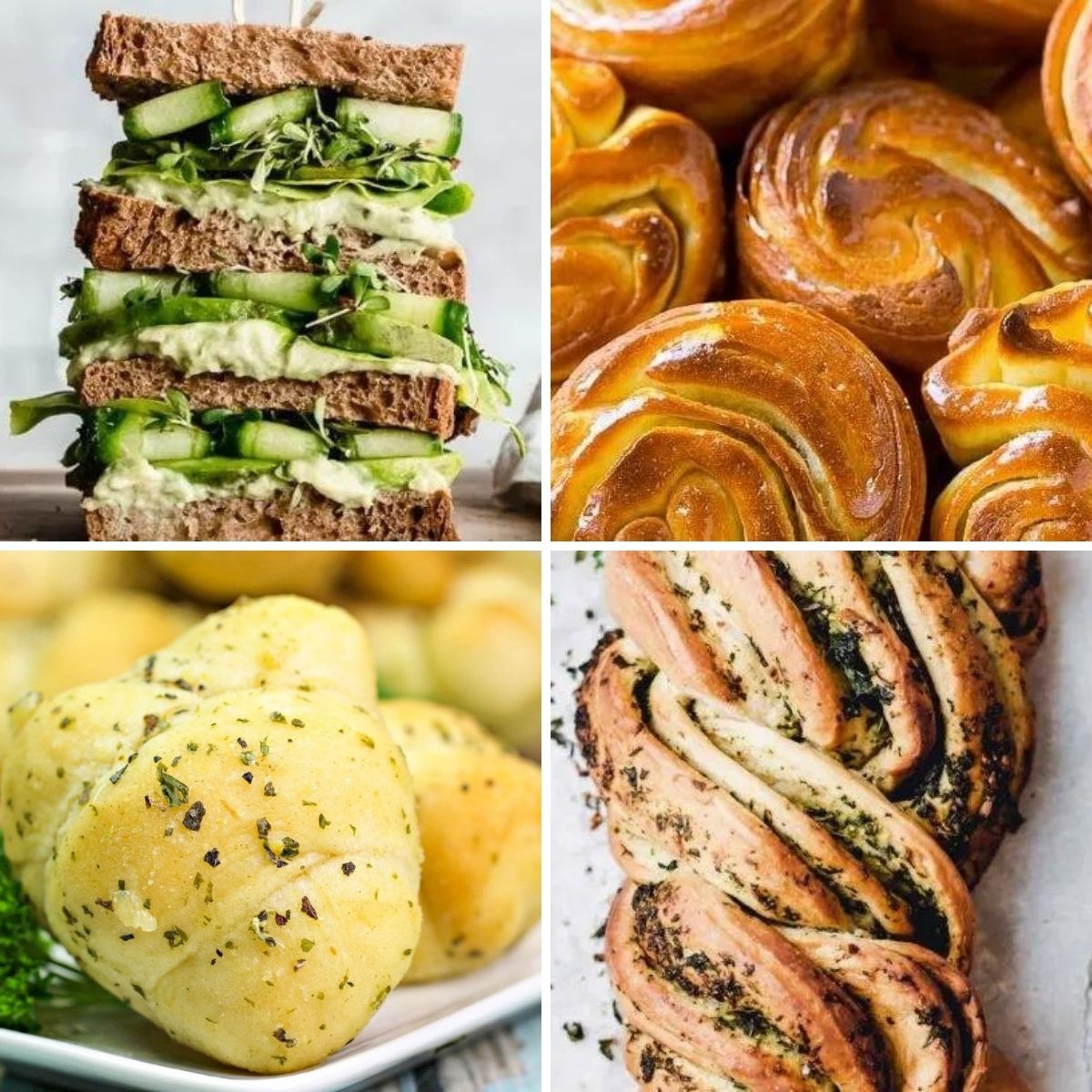 collage of four pictures of ideas for what to serve with potato soup, sandwich with avocado, rolls and plaited bread.