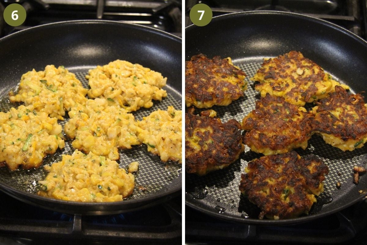 collage of two pictures of frying fritters in the pan on both sides.