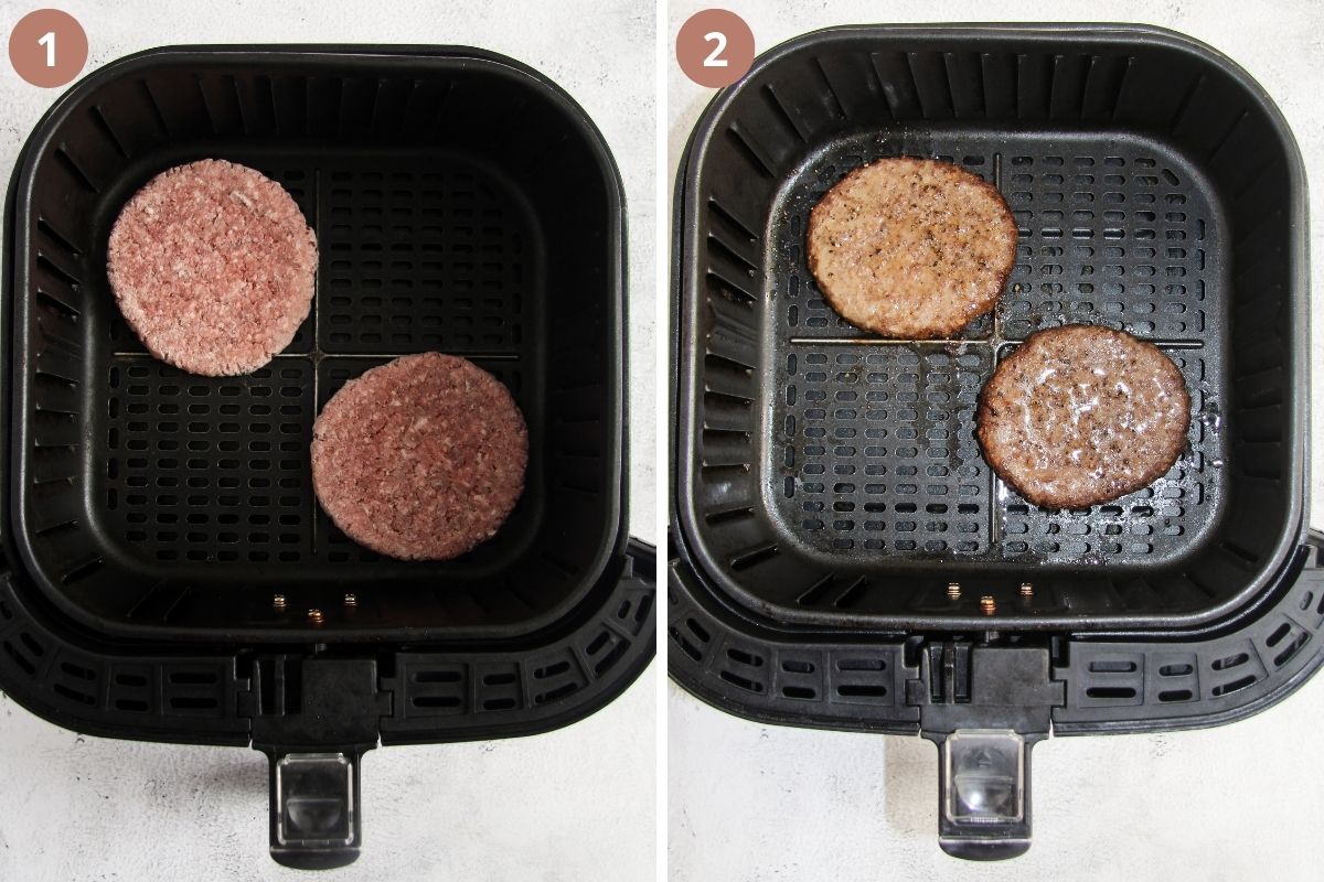 collage of two pictures of frozen and then cooked burgers in air fryer.